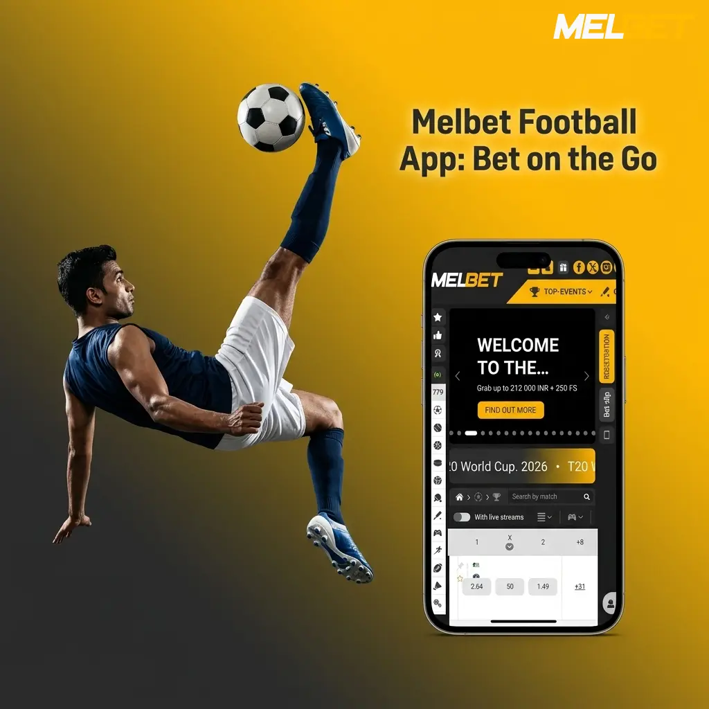 Melbet mobile app interface showing football betting options with live odds and bet slip on Android and iOS devices
