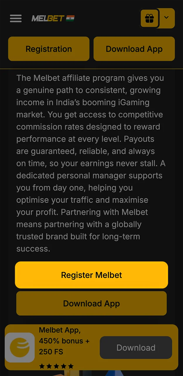 Click the yellow button to sign up quickly for the Melbet affiliate programme.