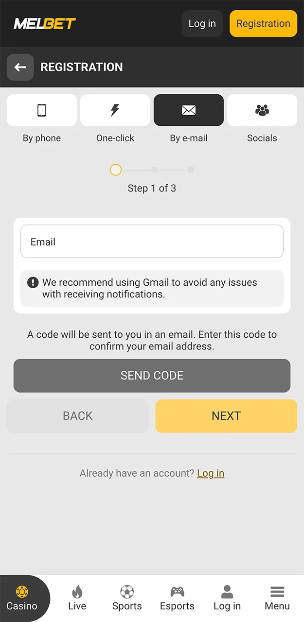 Select the option to register via email on the Melbet website.