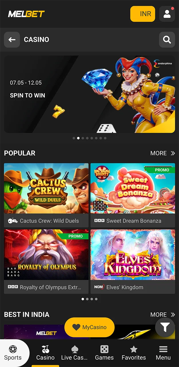 Go to the Casino tab on the Melbet website and take a look at the games on offer.