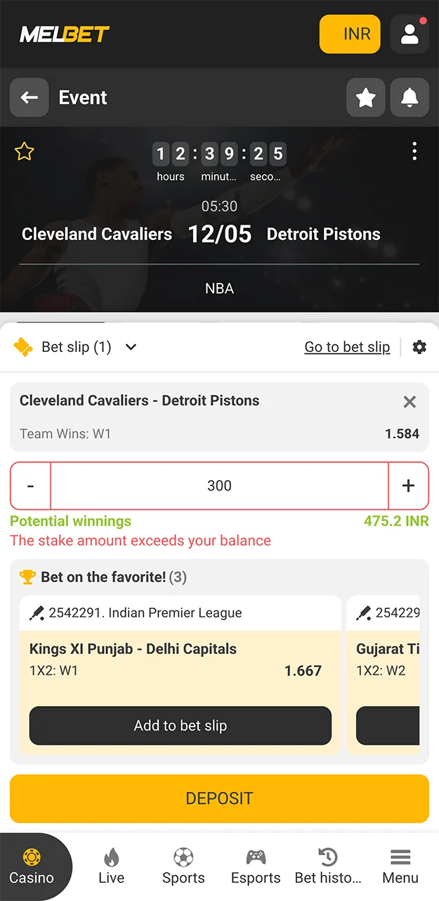 Select your stake, check the odds and confirm your basketball bet on the Melbet website.