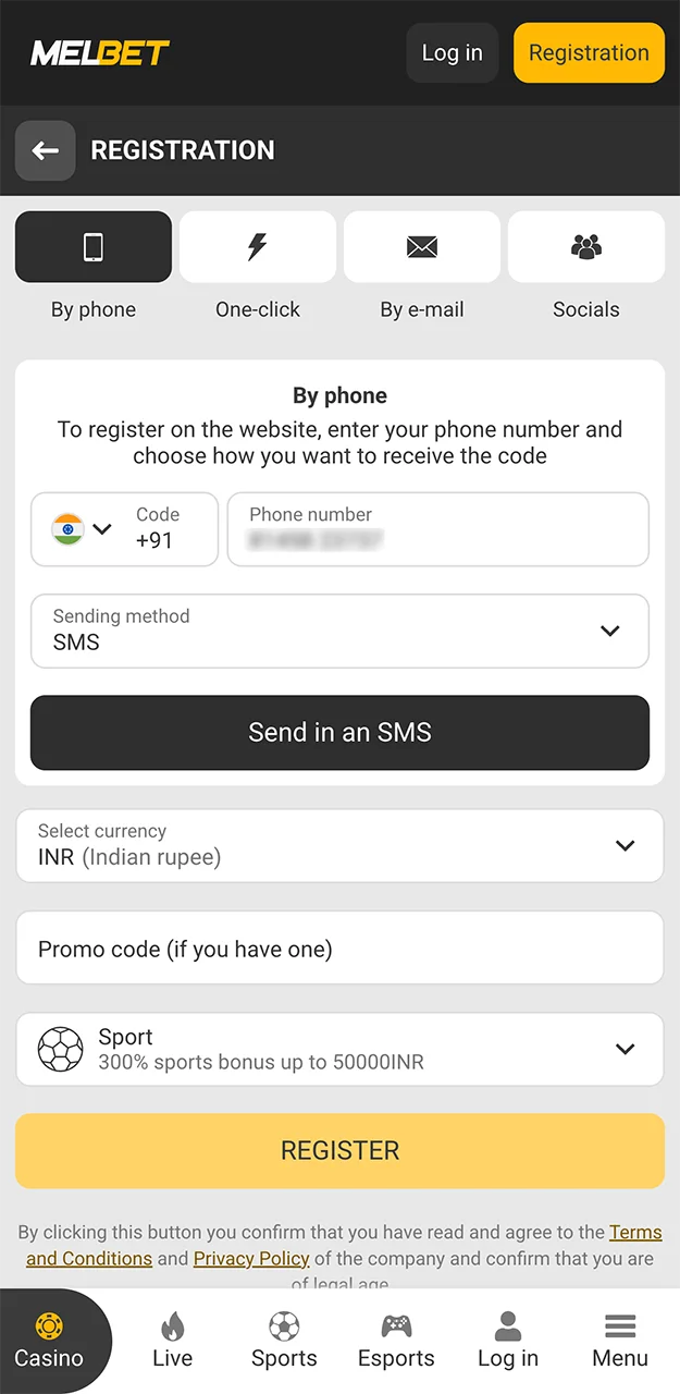 Please enter the mobile phone number required to register on the Melbet website.