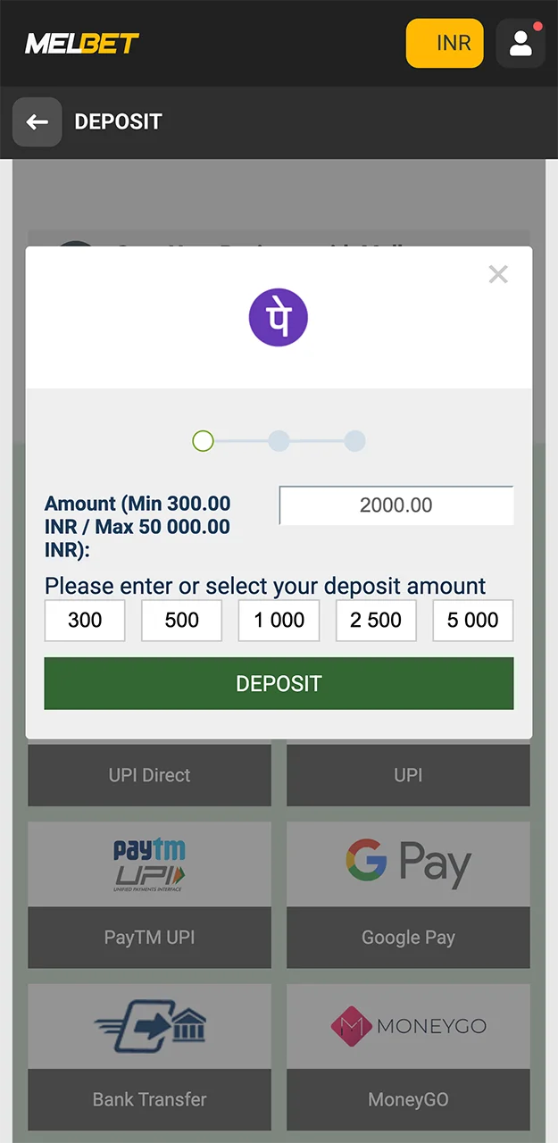 Use the PhonePe payment system to top up your account on the Melbet website.