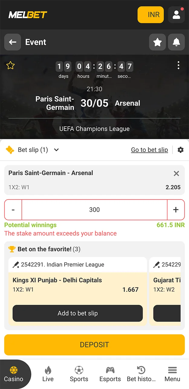 Pick your favourite team in the football match and place a bet on the Melbet website.