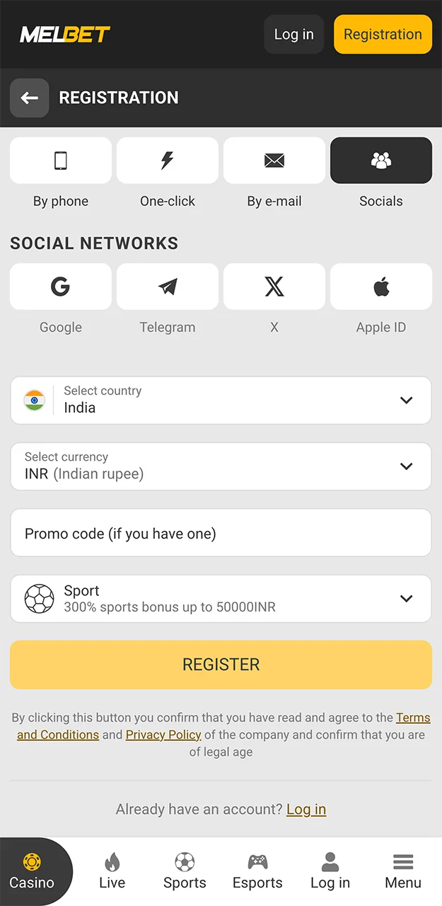 Sign up quickly on the Melbet platform using your social media accounts.