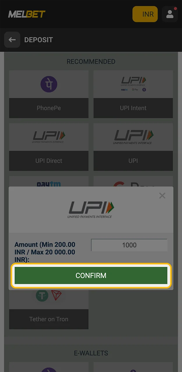 Complete the deposit process in the Melbet app.