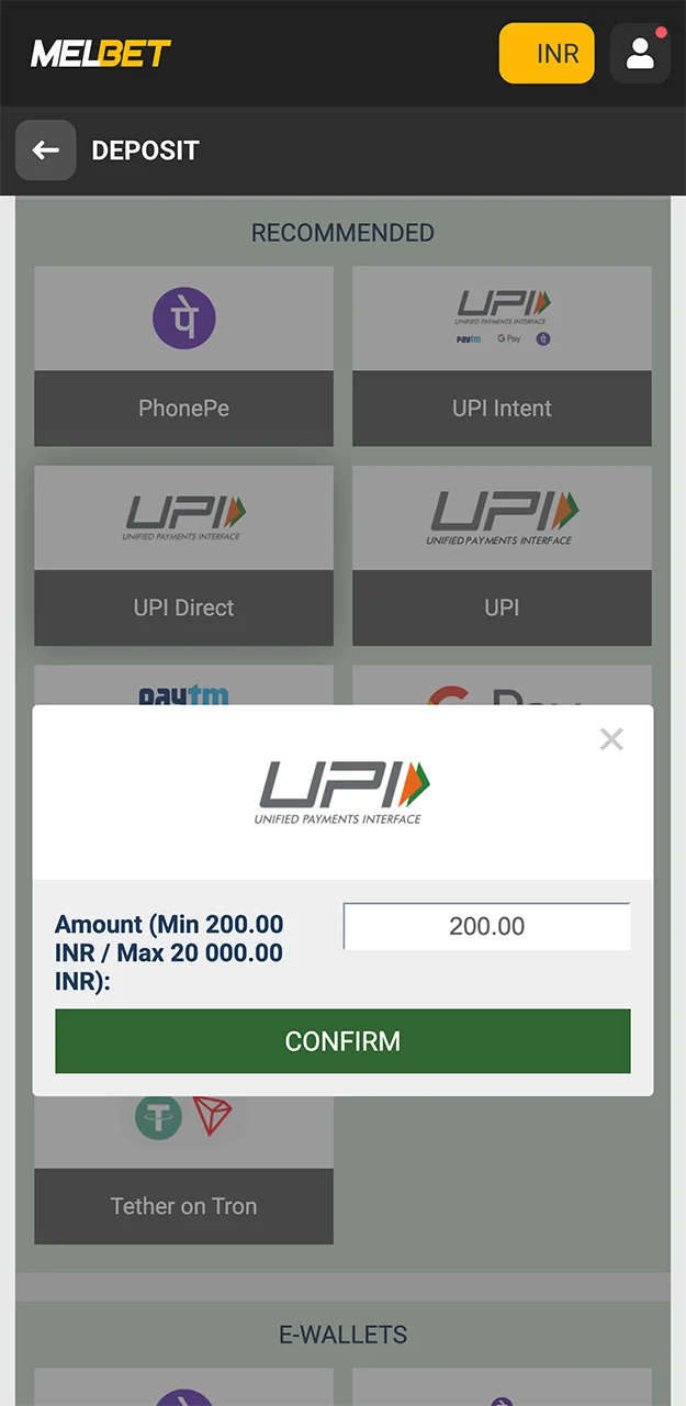 Please enter the amount of your first deposit at Melbet carefully.
