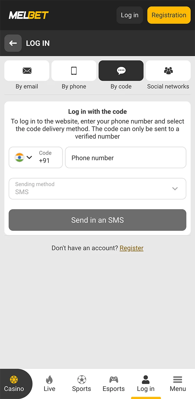 Enter your phone number and enter the verification code to log in to the Melbet website.