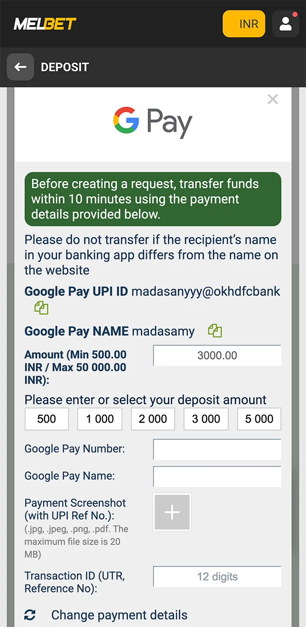 Use the secure GPay method to top up your account on the Melbet website.