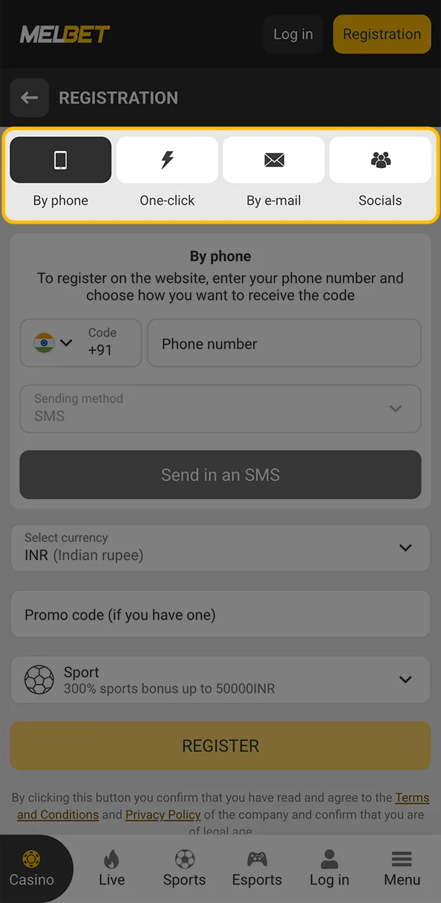 Select the mobile phone registration method on the Melbet gambling platform.