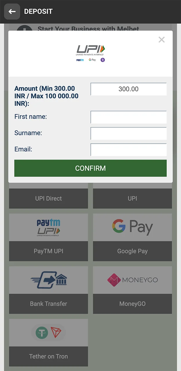 Please see the deposit form on the Melbet website.