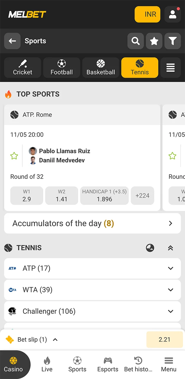 Choose a tennis tournament featuring your favourite player and place a bet at Melbet.