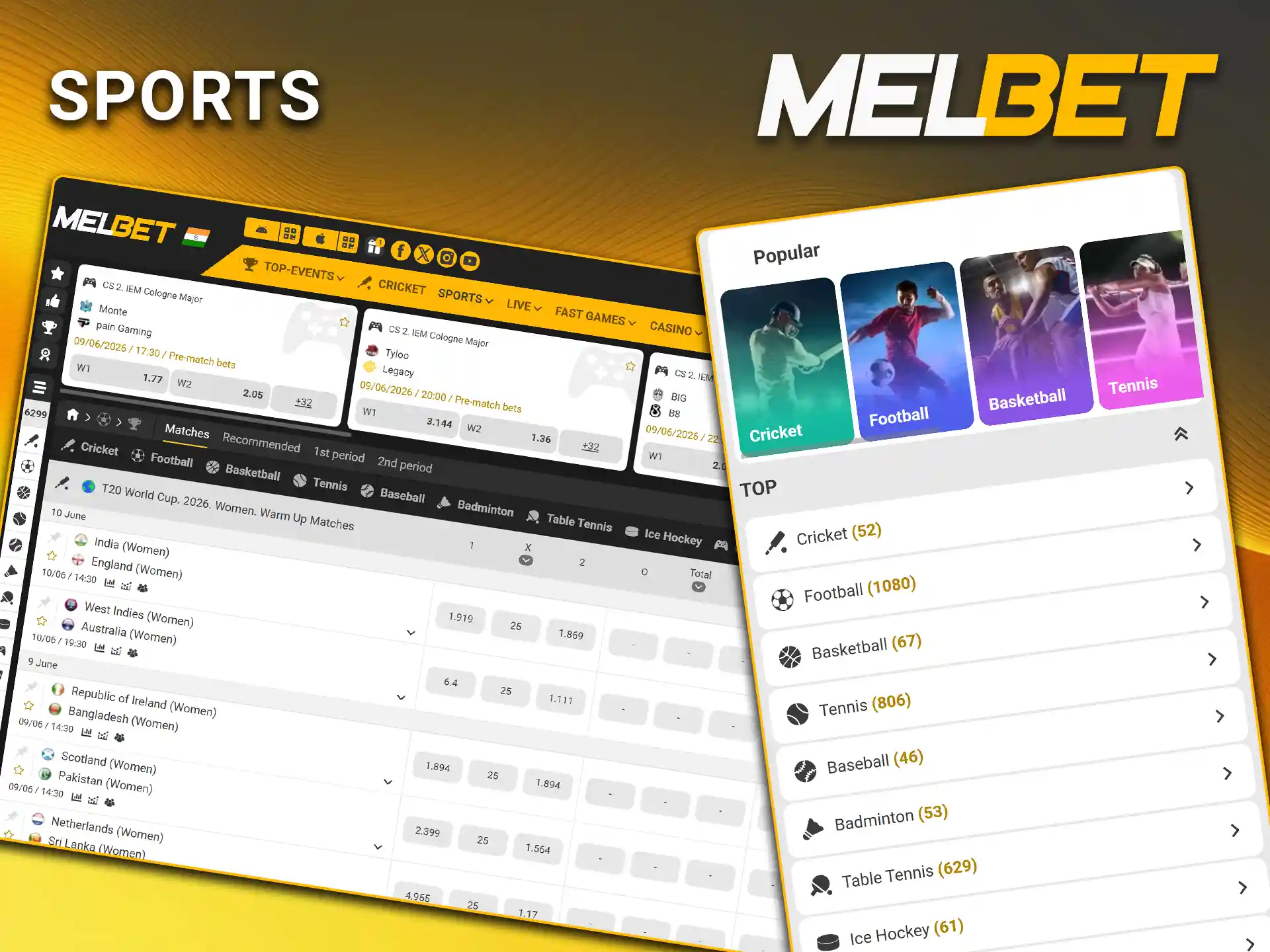 Explore the massive sportsbook section to find high odds for sports betting on Melbet.