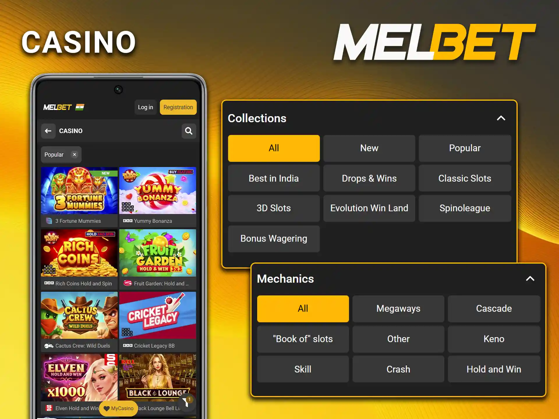 Spin slots and play with live dealers via casino games on the Melbet app.