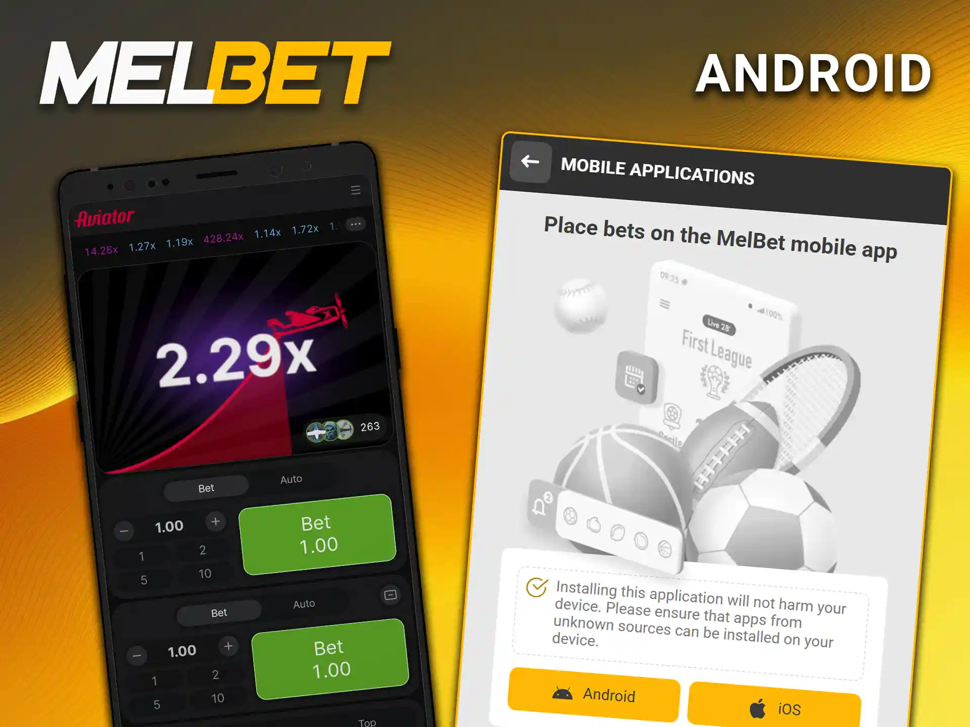 Download the official APK file to launch and play the crash game Aviator on Android via Melbet.