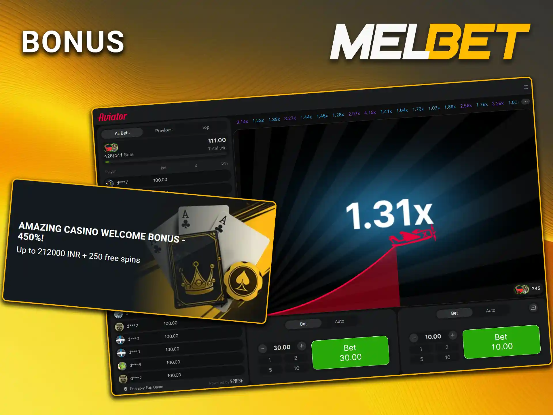 Activate special promotional offers and top up your account to claim your Aviator bonus on Melbet.