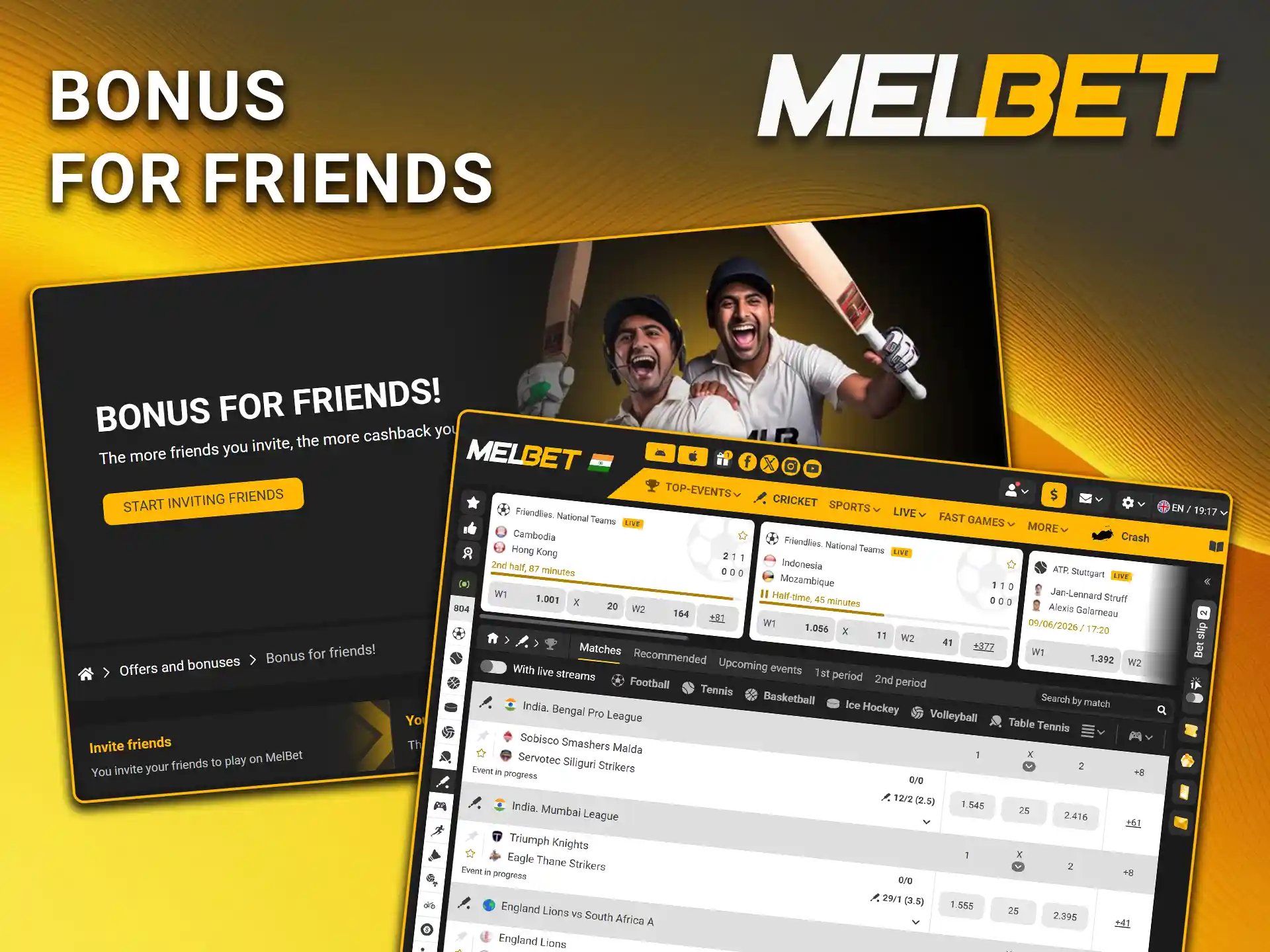 Invite your buddies to the platform and earn extra credits with the bonus for friends on Melbet.