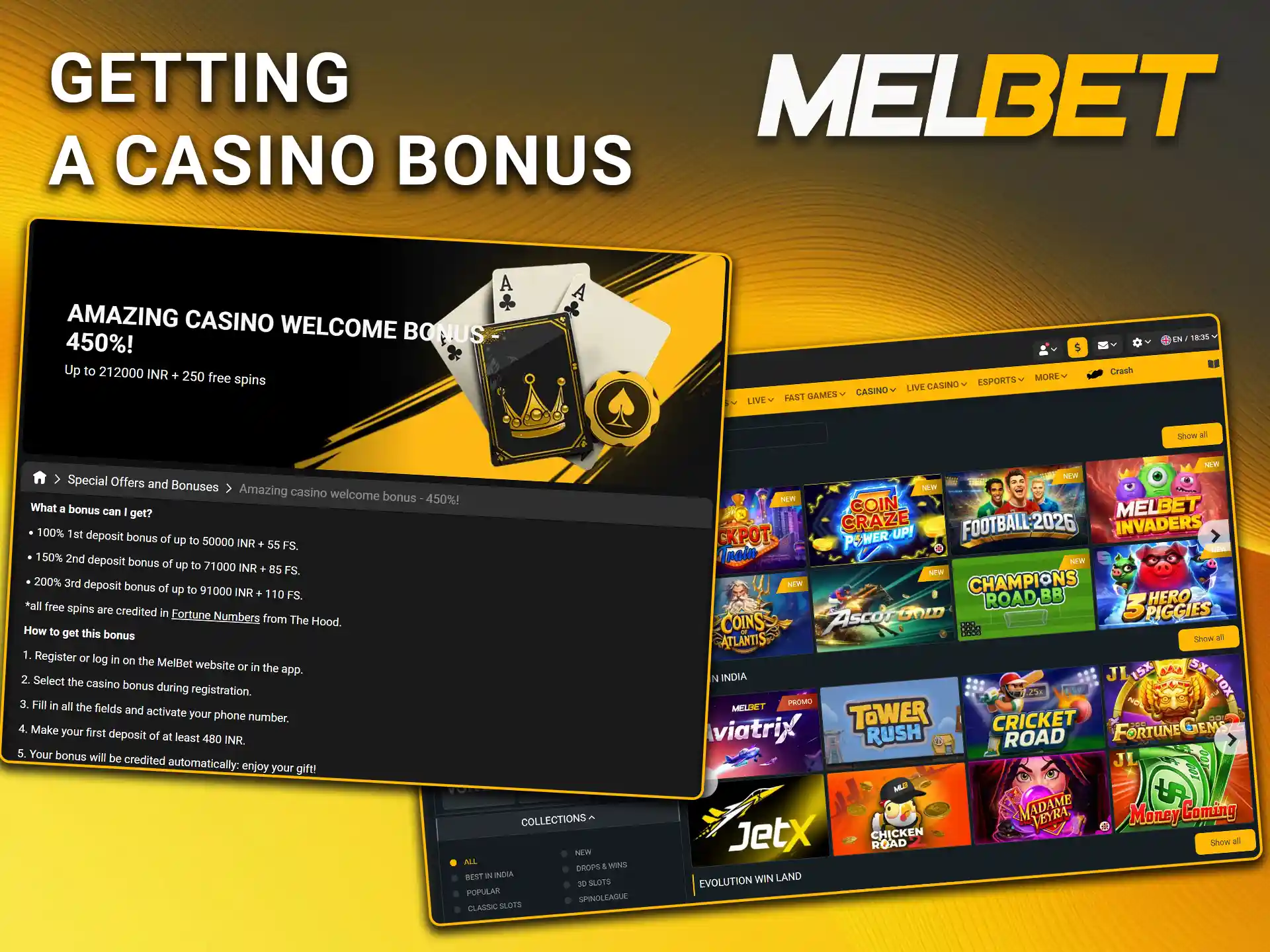 Read the terms and conditions to understand how to get the casino bonus on Melbet.