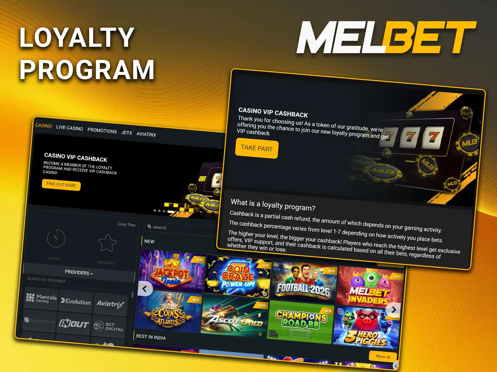 Earn VIP points for your regular bets and progress in the Melbet casino loyalty program.