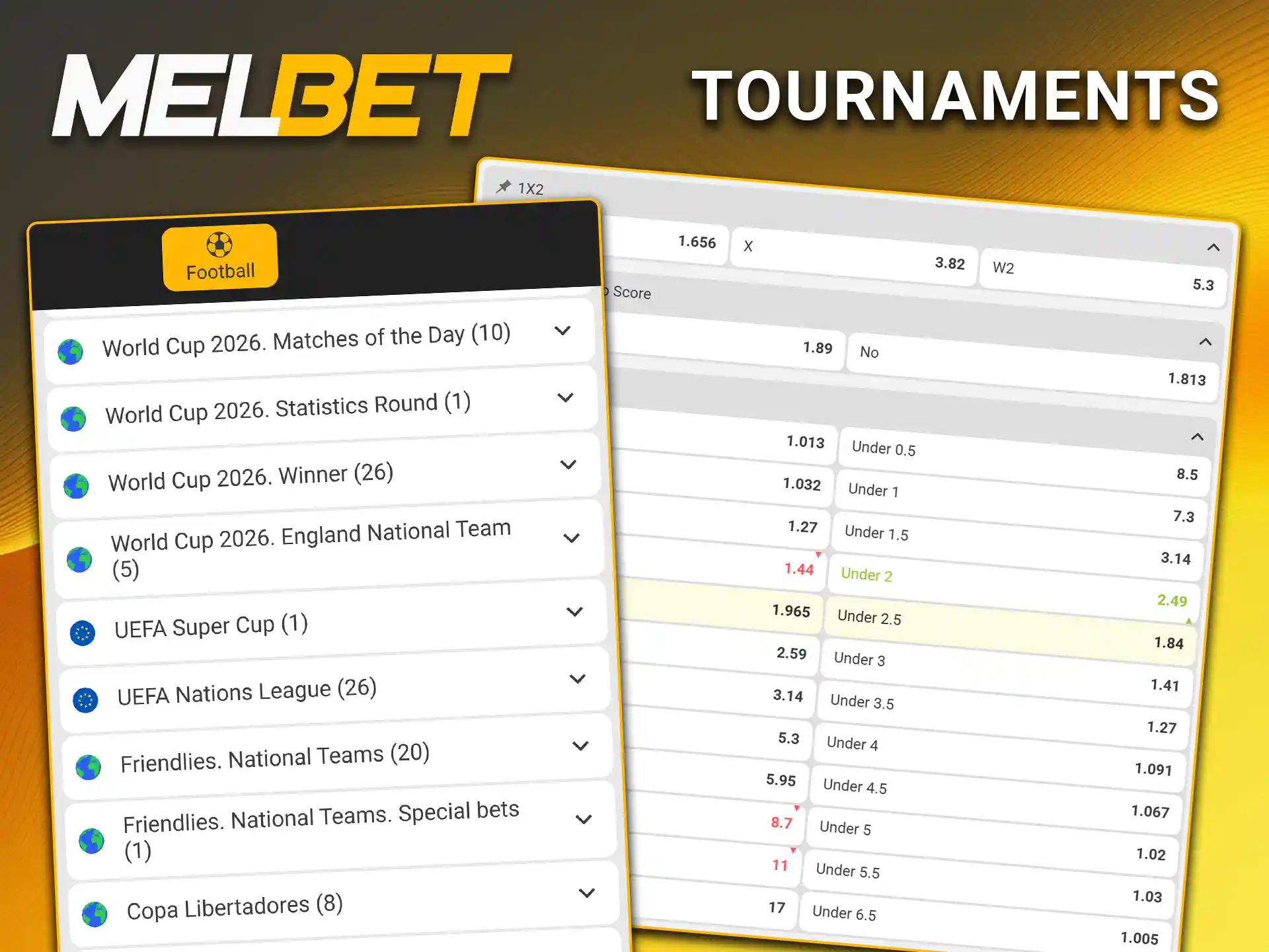 Find competitive odds on popular soccer tournaments and leagues for betting at Melbet.