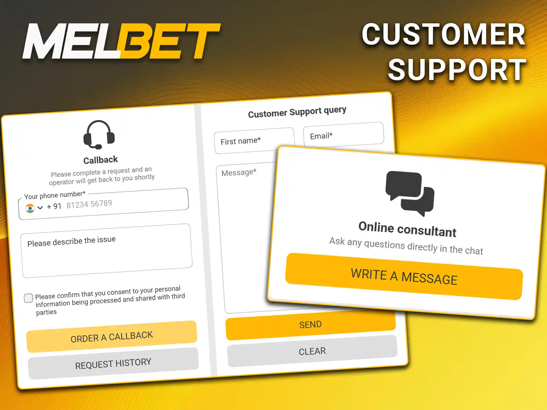 Open the text chat window to reach the help desk agents via customer support on Melbet.