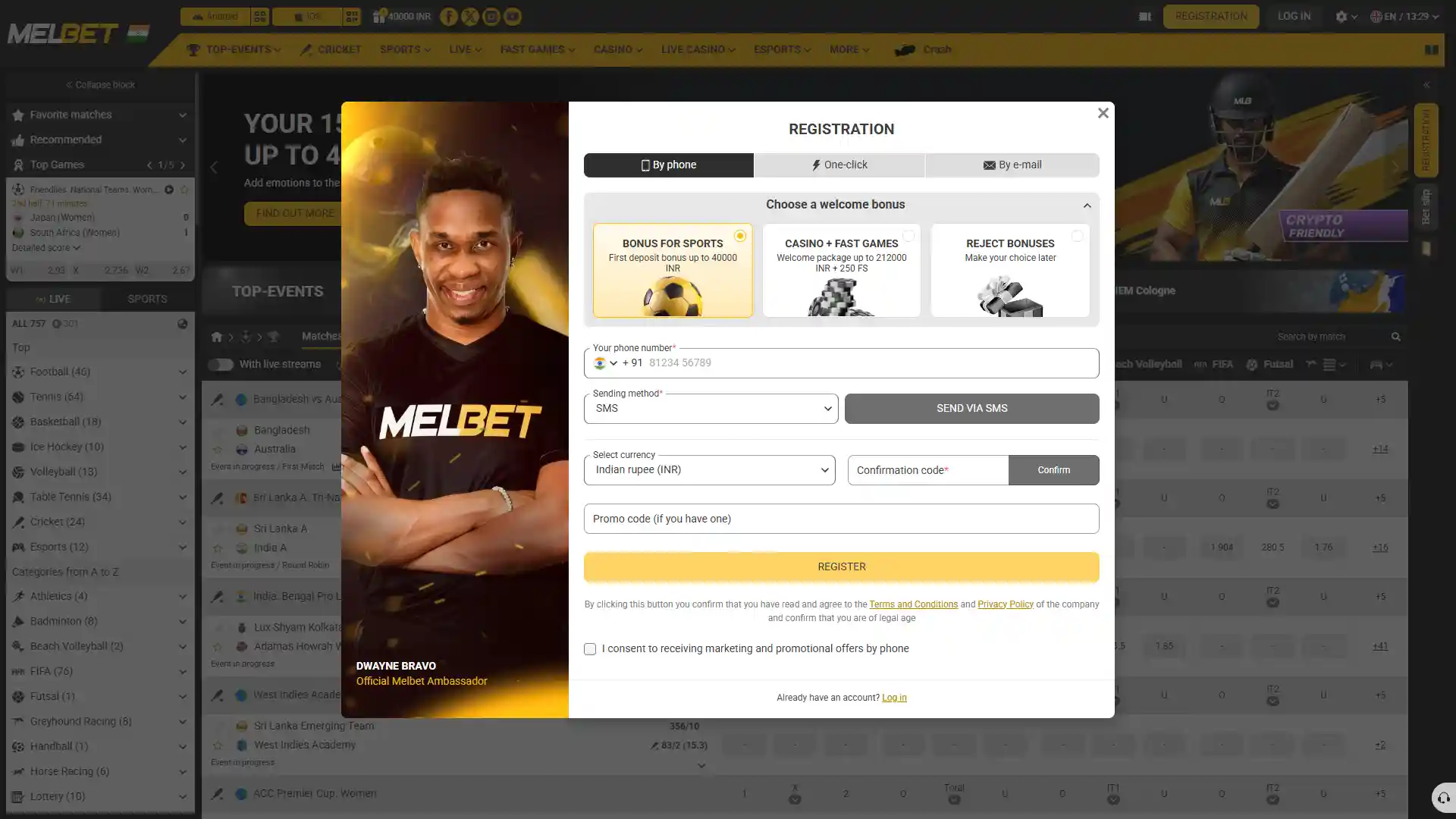 Choose the registration method that works best for you and create a new account on Melbet.