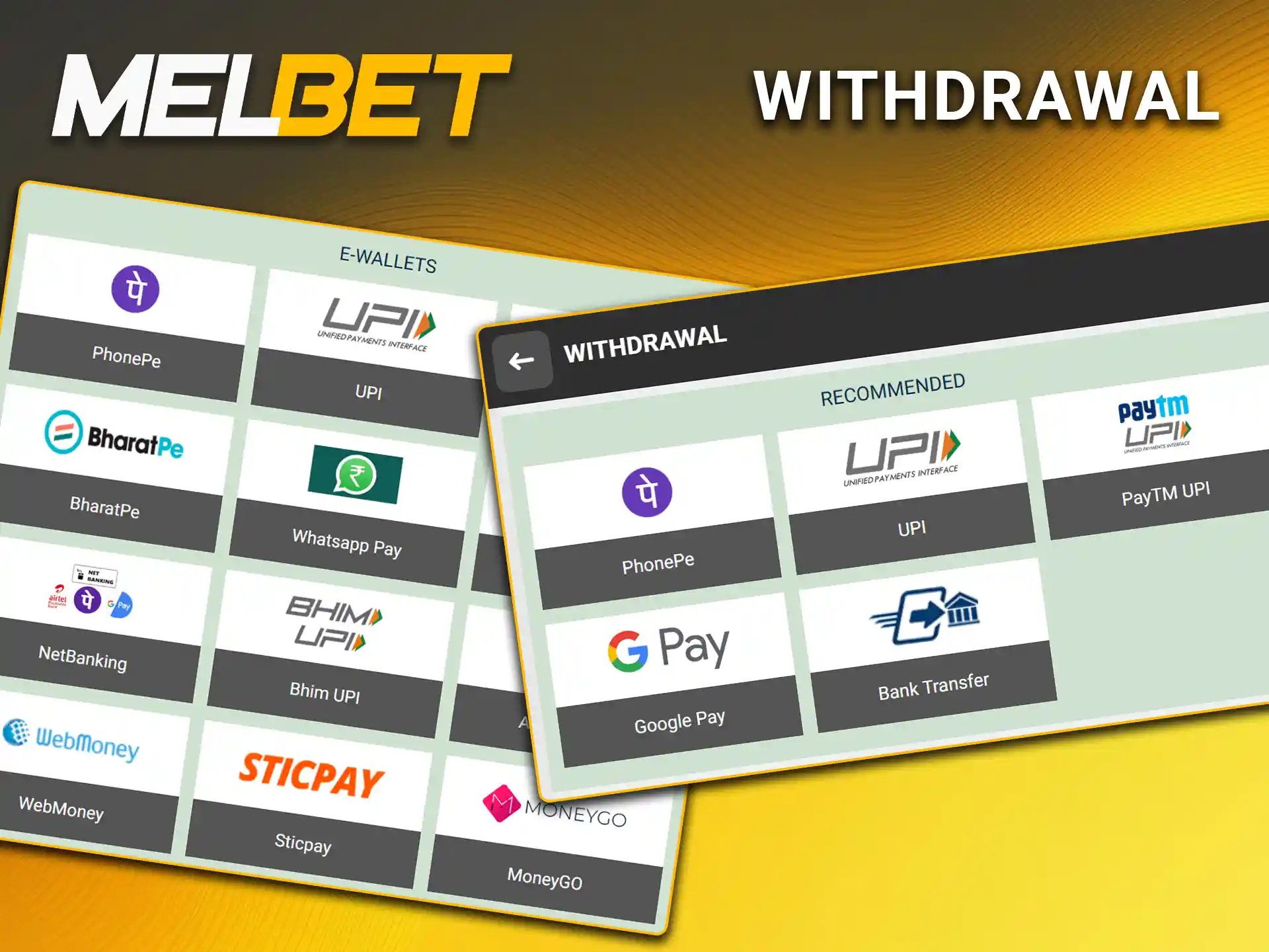 Select your preferred banking method to transfer your winnings on Melbet.