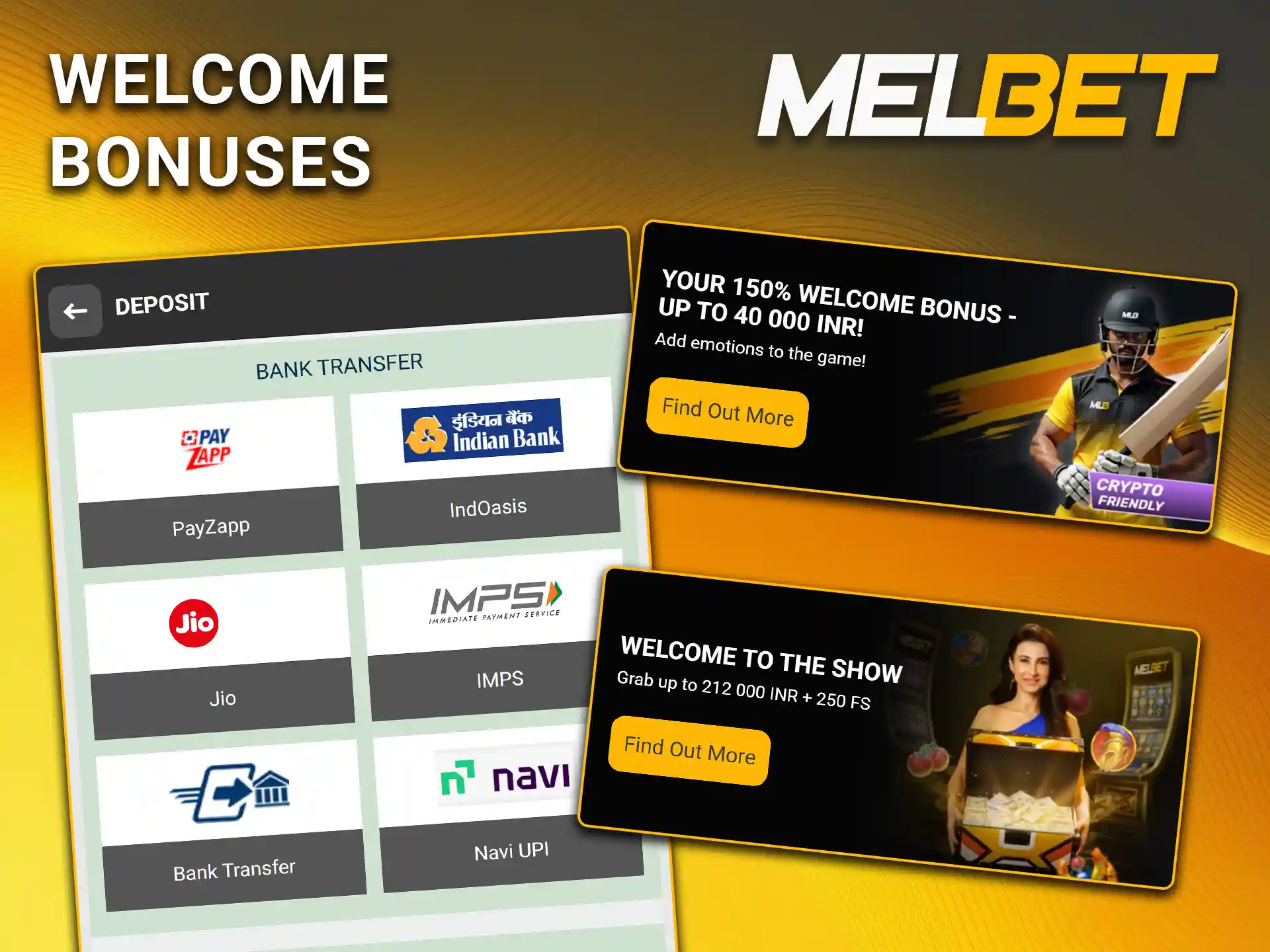 Claim your extra funds and free spins by activating the Melbet welcome bonuses.