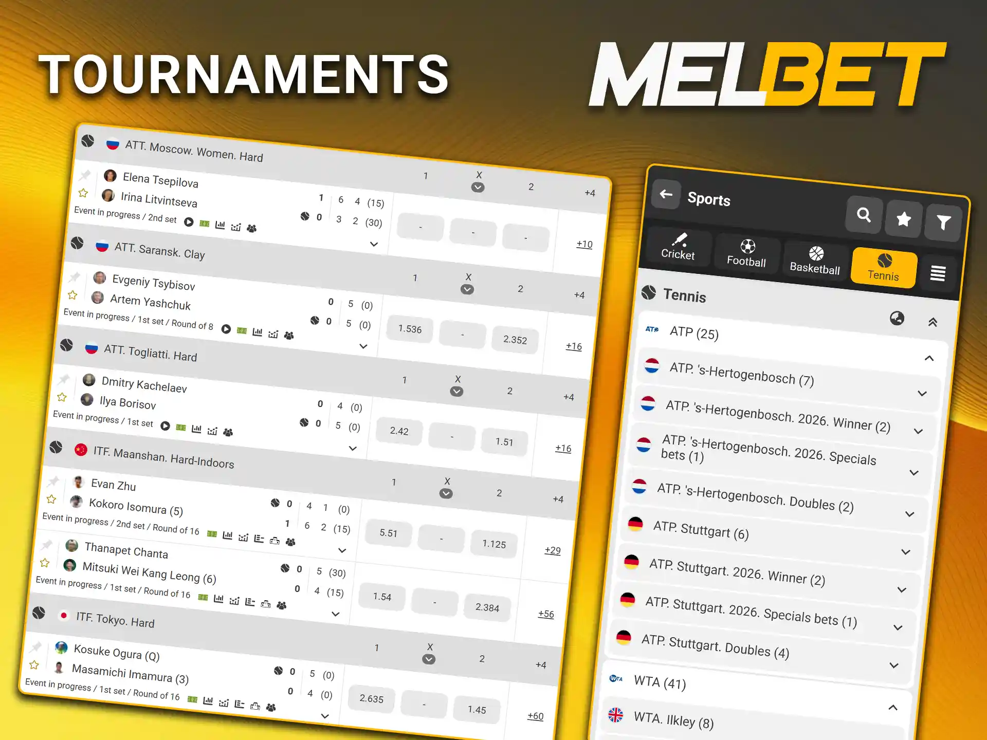 Check out the odds for the top tennis tournaments available on Melbet.